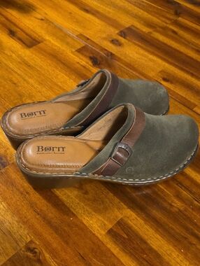 Born Olive Green Suede Slip-On Clogs with Brown Strap
